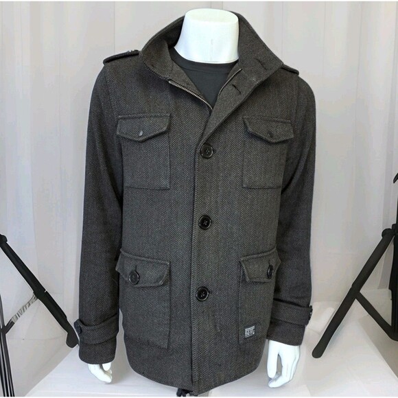 Kr3w Herringbone Field Jacket Military Style Men's M Gray Lined Pea Coat - Picture 1 of 14